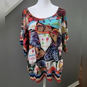 Alberto Makali Multicolor Scoop Neck Crochet Trim Crinkle Top Sz XL Colorful Fun